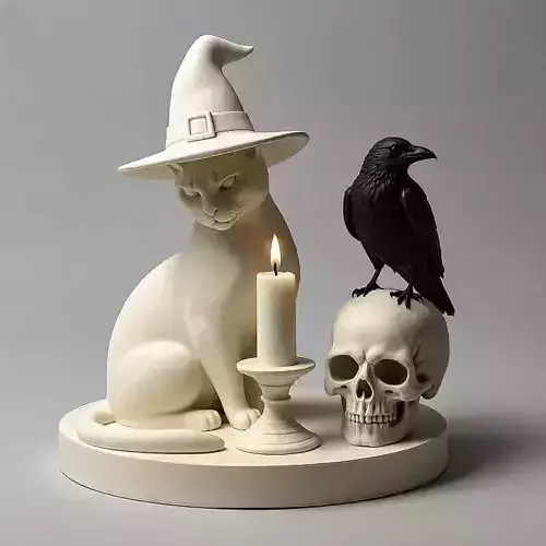 2071 Witch Cat Composition  Skull  Raven  Candleholder 
