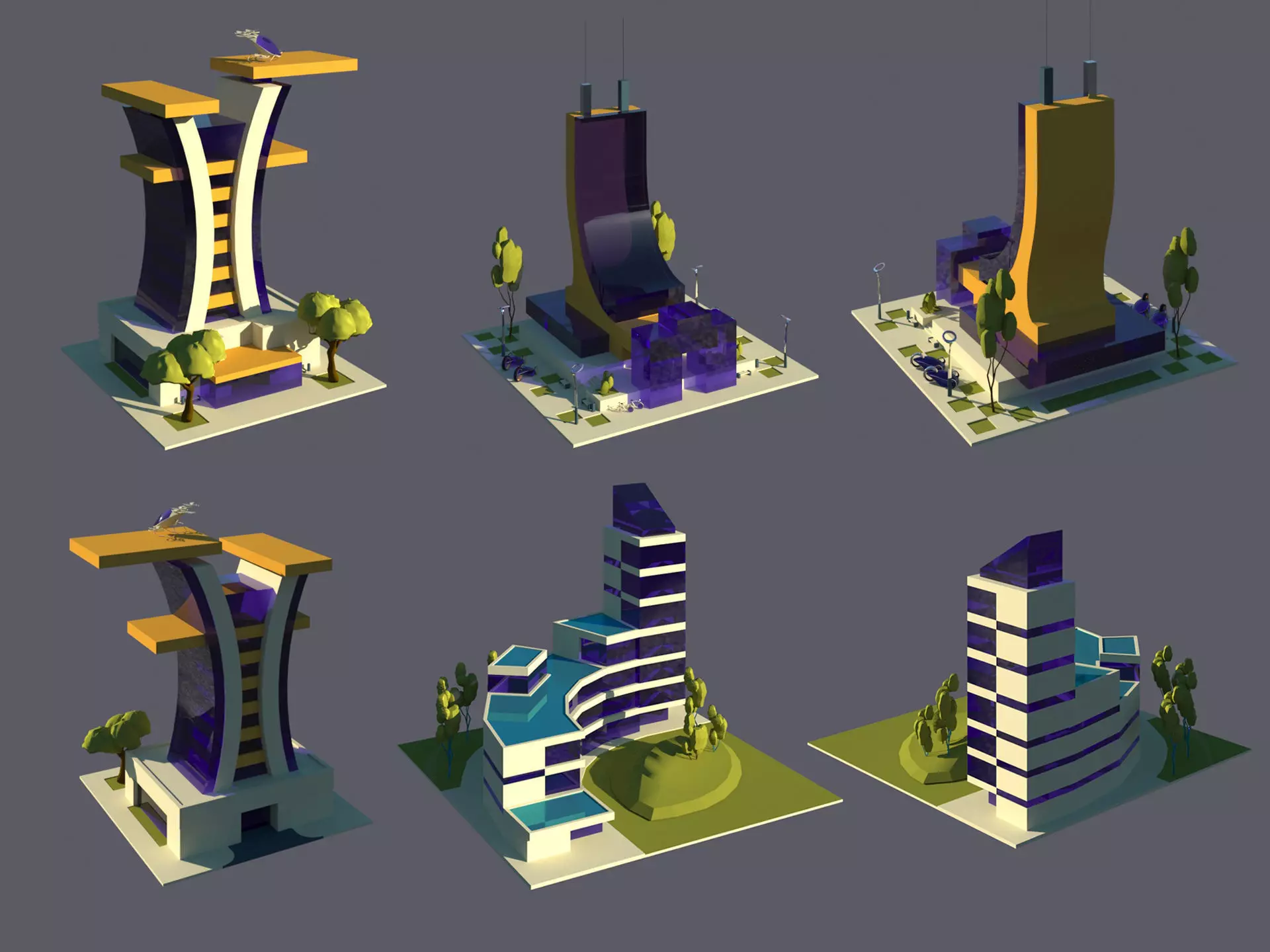 Low Poly Futuristic City Pack Buildings  Vehicles Trees  Low-poly 3D model_6