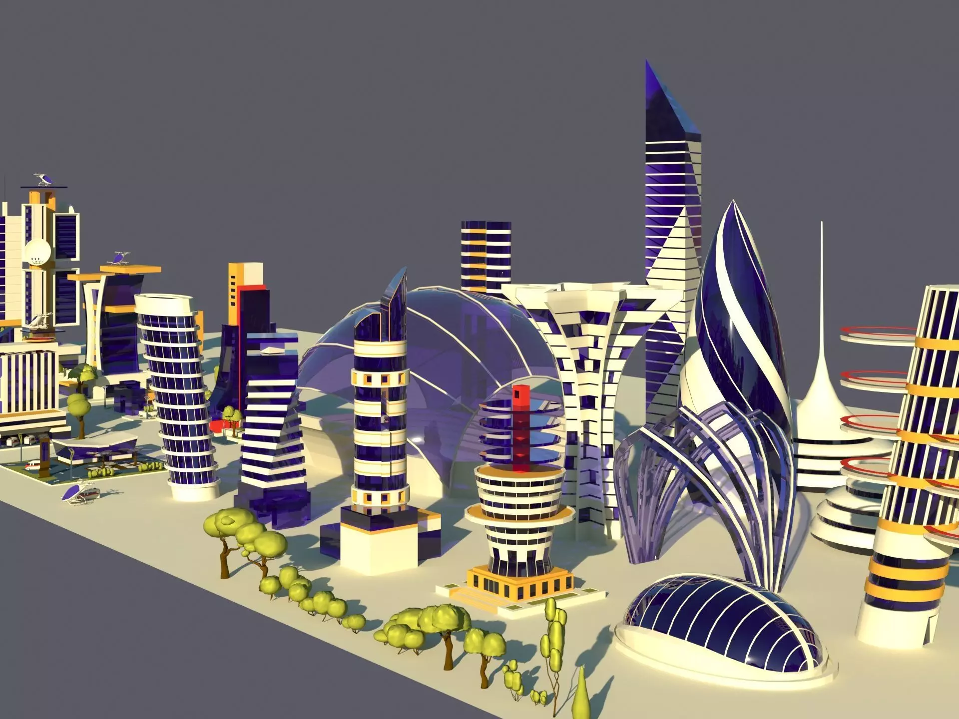 Low Poly Futuristic City Pack Buildings  Vehicles Trees  Low-poly 3D model_1