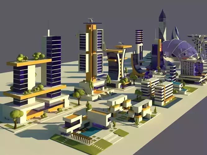 Low Poly Futuristic City Pack Buildings  Vehicles Trees  Low-poly 3D model