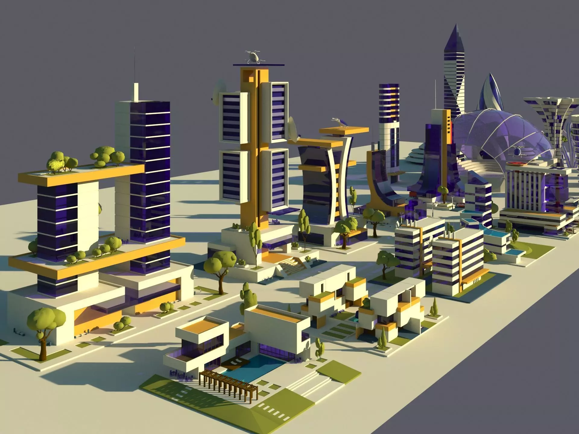 Low Poly Futuristic City Pack Buildings  Vehicles Trees  Low-poly 3D model_0