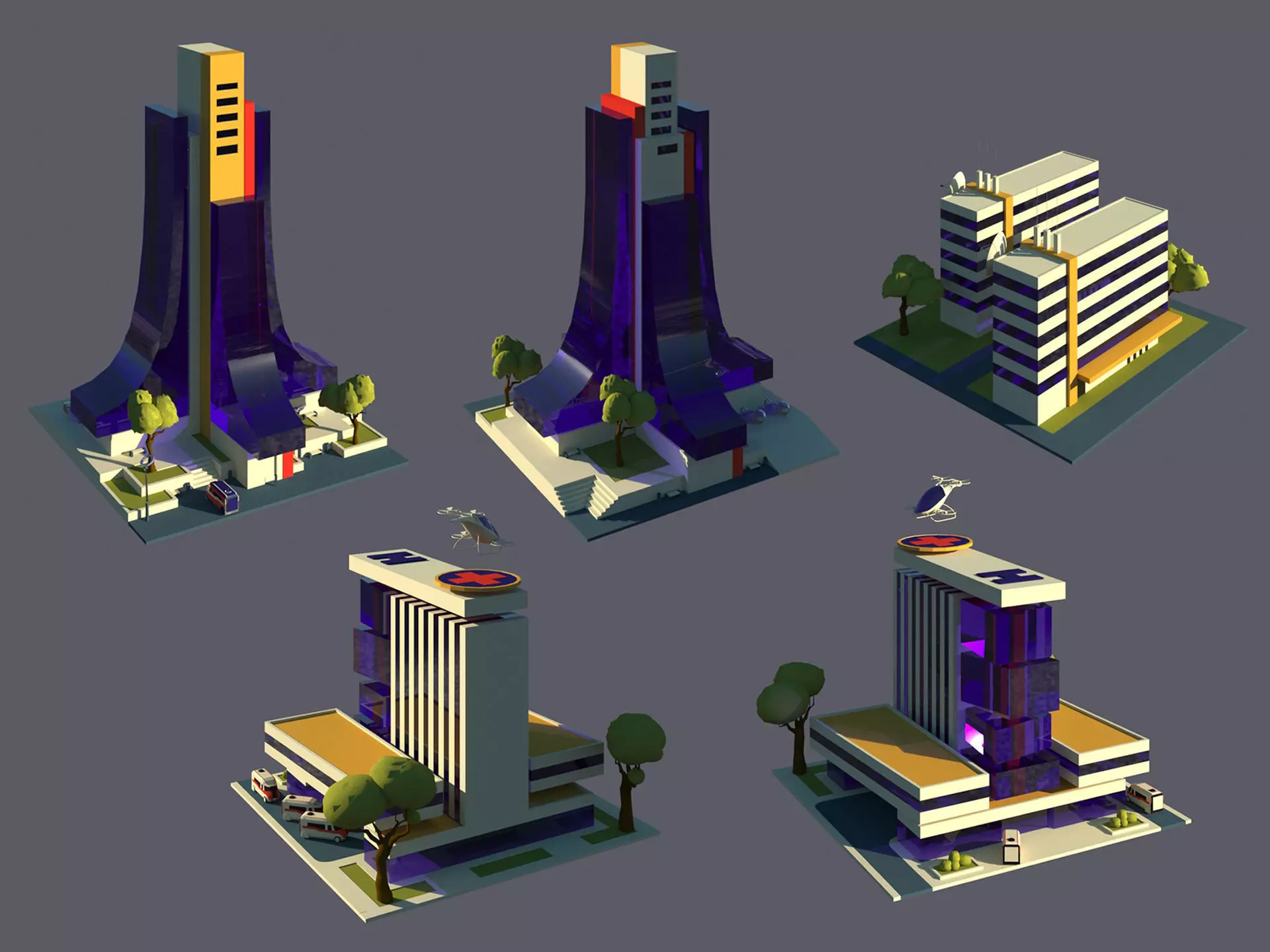 Low Poly Futuristic City Pack Buildings  Vehicles Trees  Low-poly 3D model_7