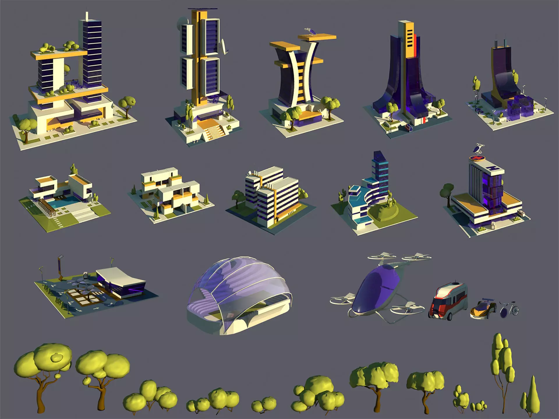 Low Poly Futuristic City Pack Buildings  Vehicles Trees  Low-poly 3D model_2