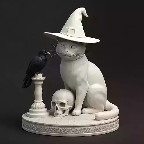 2072  Witch Cat Composition  Skull  Raven  Candleholder