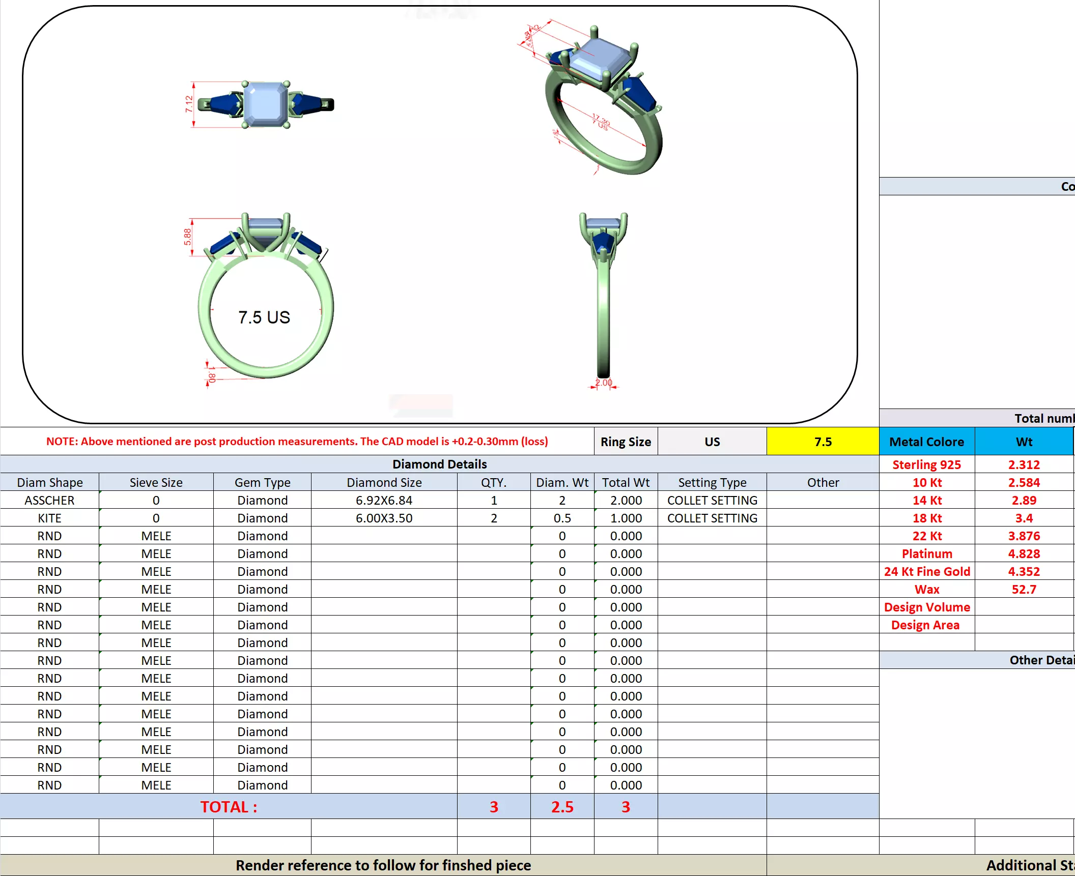 Three Stone Asscher and Kite Cut Wedding Ring 3DM STL Video 3D print model_13