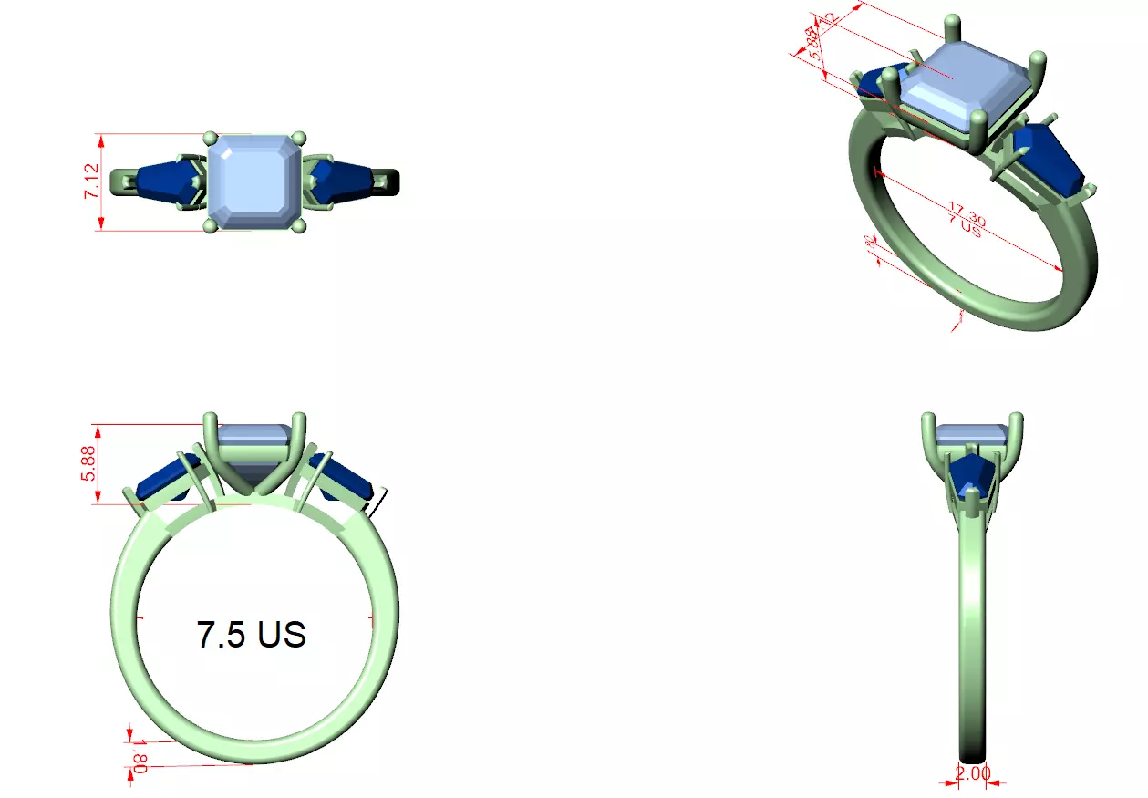 Three Stone Asscher and Kite Cut Wedding Ring 3DM STL Video 3D print model_12