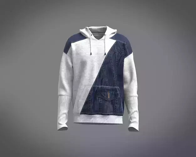 Mens hoodie with denim fabric detailing
