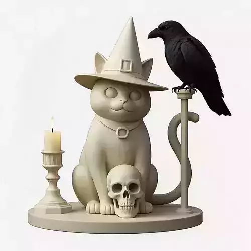 2073 Witch Cat Composition  Skull  Raven  Candleholder