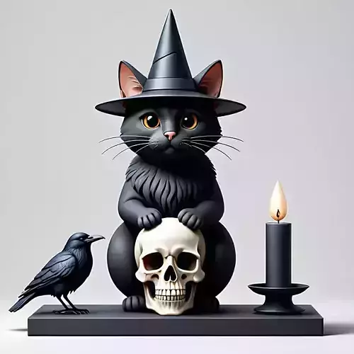 2074 Witch Cat Composition  Skull  Raven  Candleholder