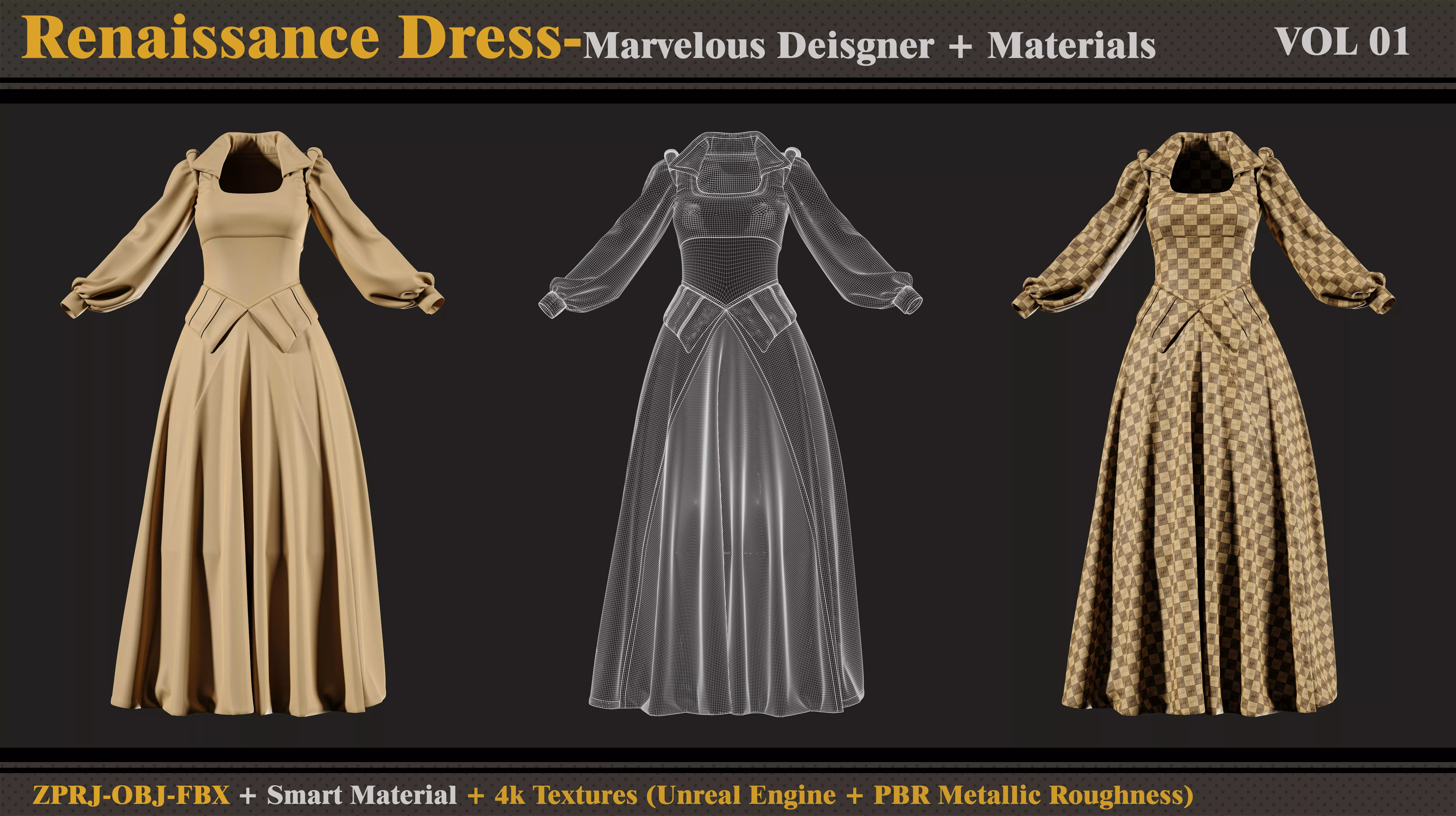 Renaissance Dress-MD-Clo3d-Smart Material- Textures-OBJ-FBX  3D model_3