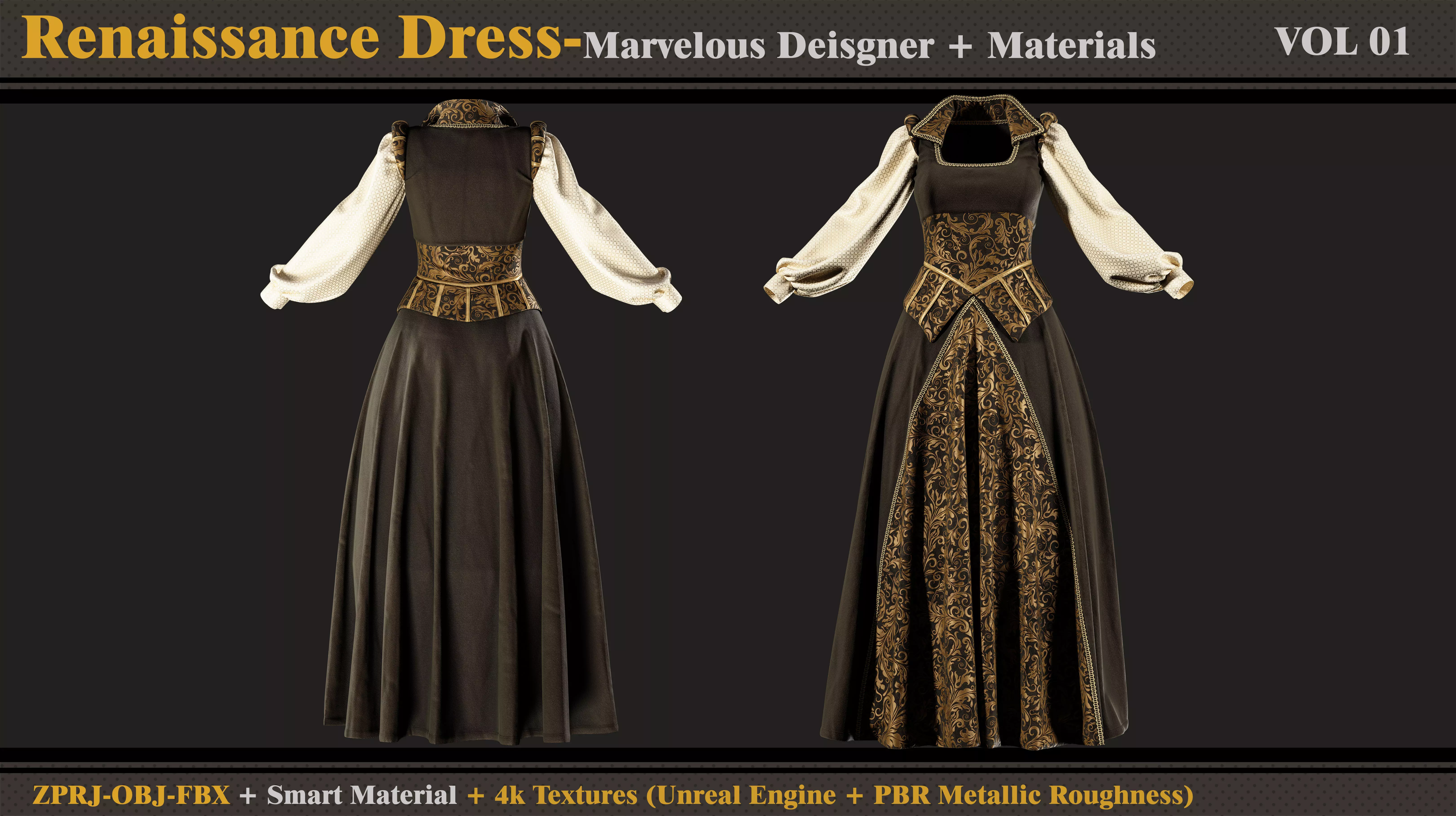 Renaissance Dress-MD-Clo3d-Smart Material- Textures-OBJ-FBX  3D model_1