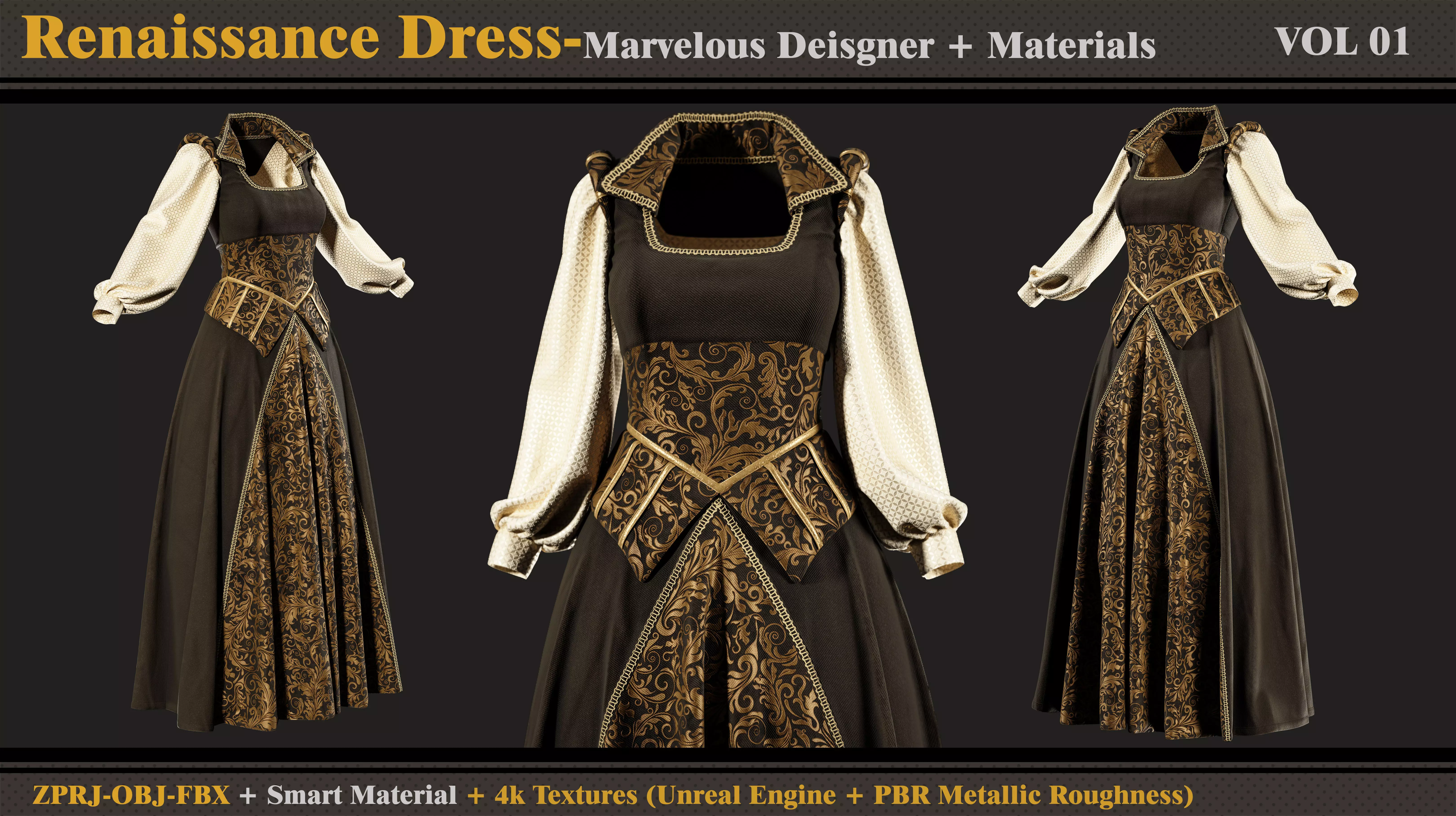 Renaissance Dress-MD-Clo3d-Smart Material- Textures-OBJ-FBX  3D model_2