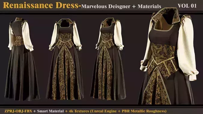 Renaissance Dress-MD-Clo3d-Smart Material- Textures-OBJ-FBX 