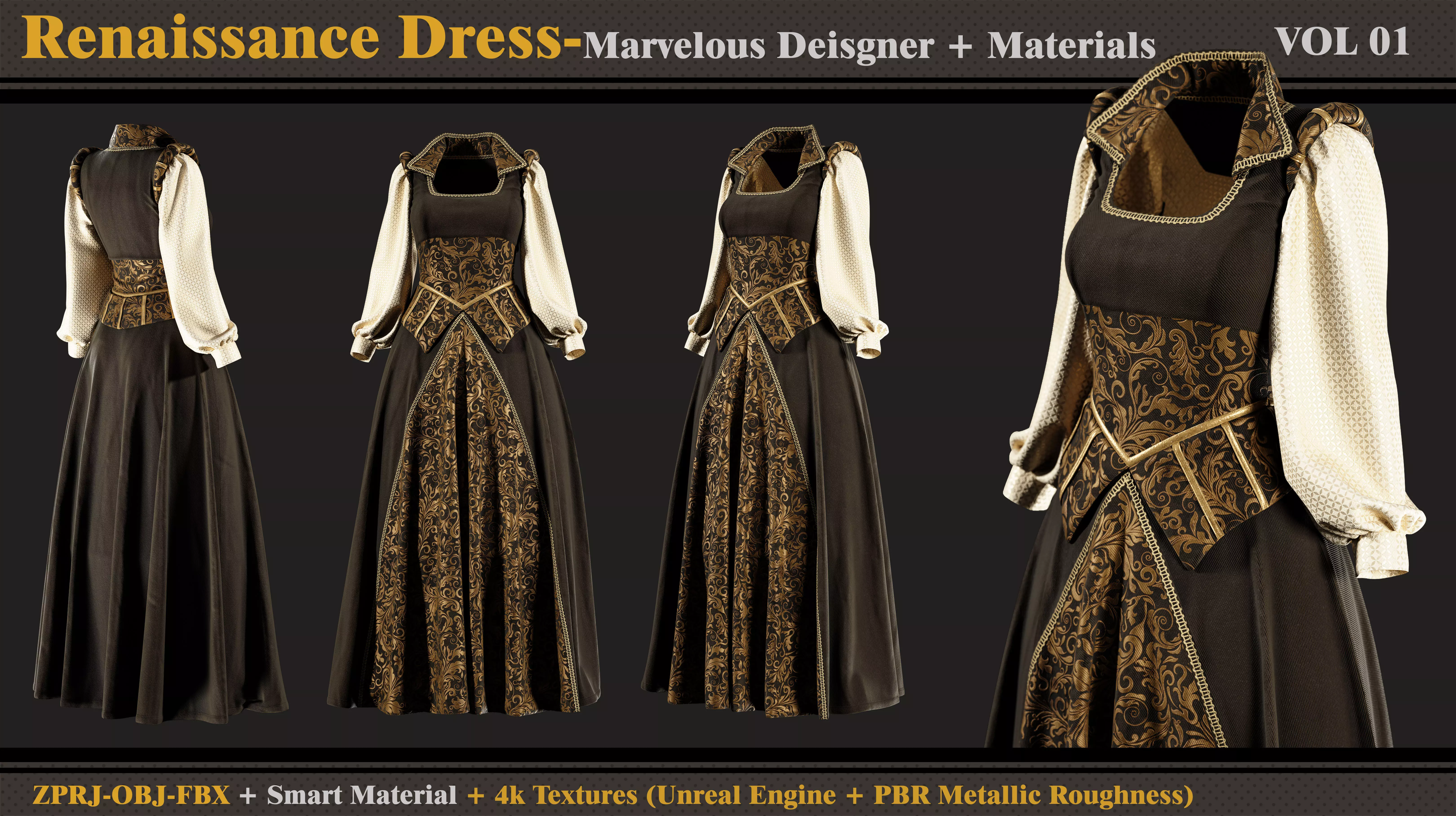 Renaissance Dress-MD-Clo3d-Smart Material- Textures-OBJ-FBX  3D model_0