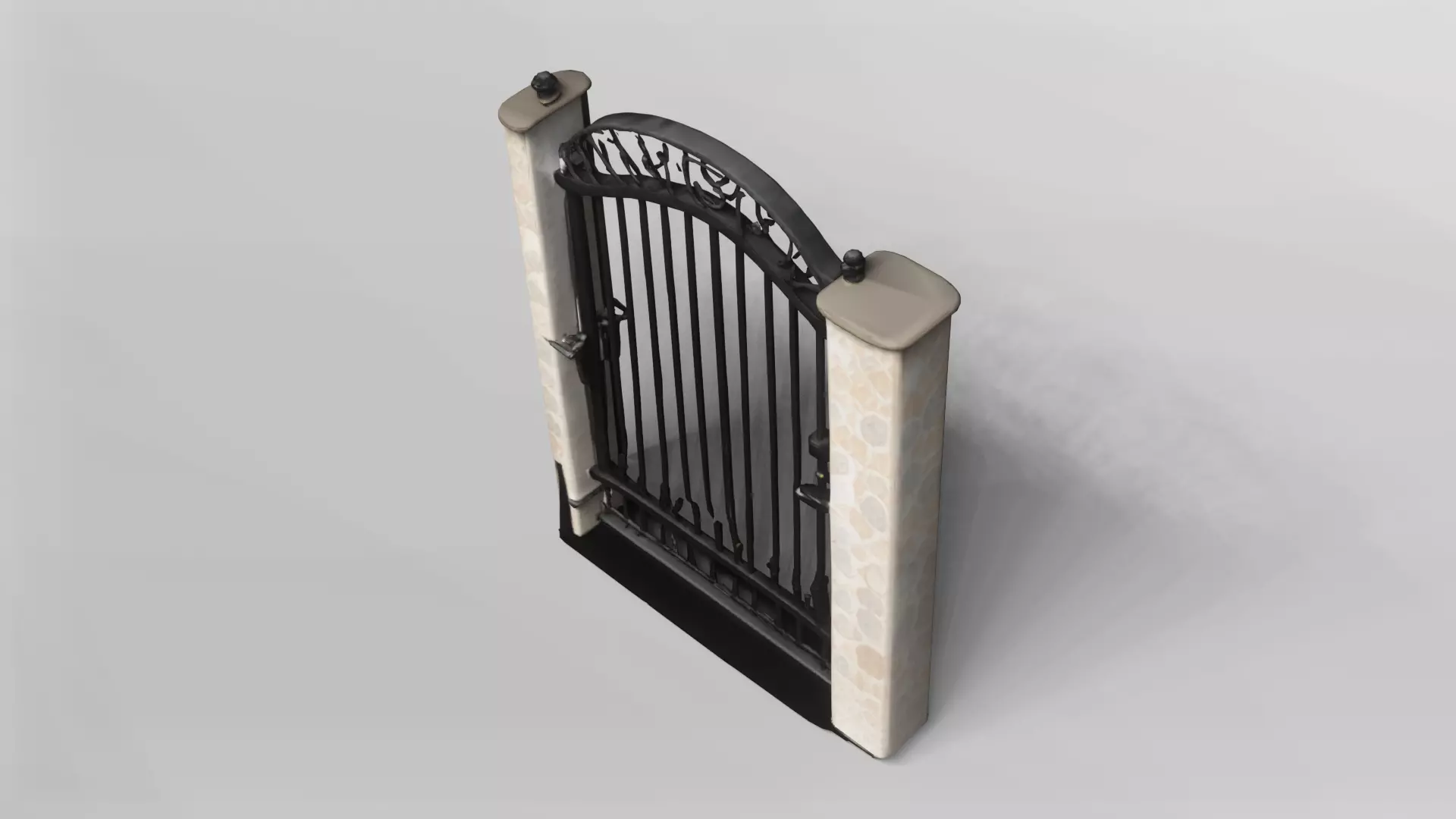 Elegant Wrought Iron Garden Gate with Stone Pillars 3D model_4