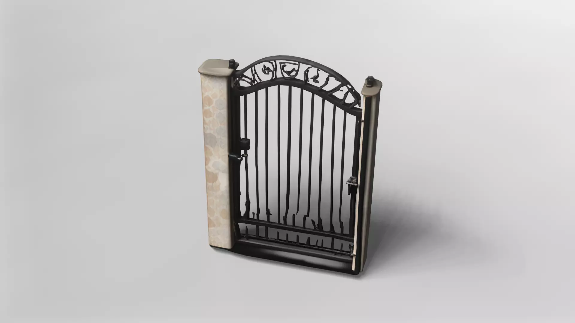Elegant Wrought Iron Garden Gate with Stone Pillars 3D model_1