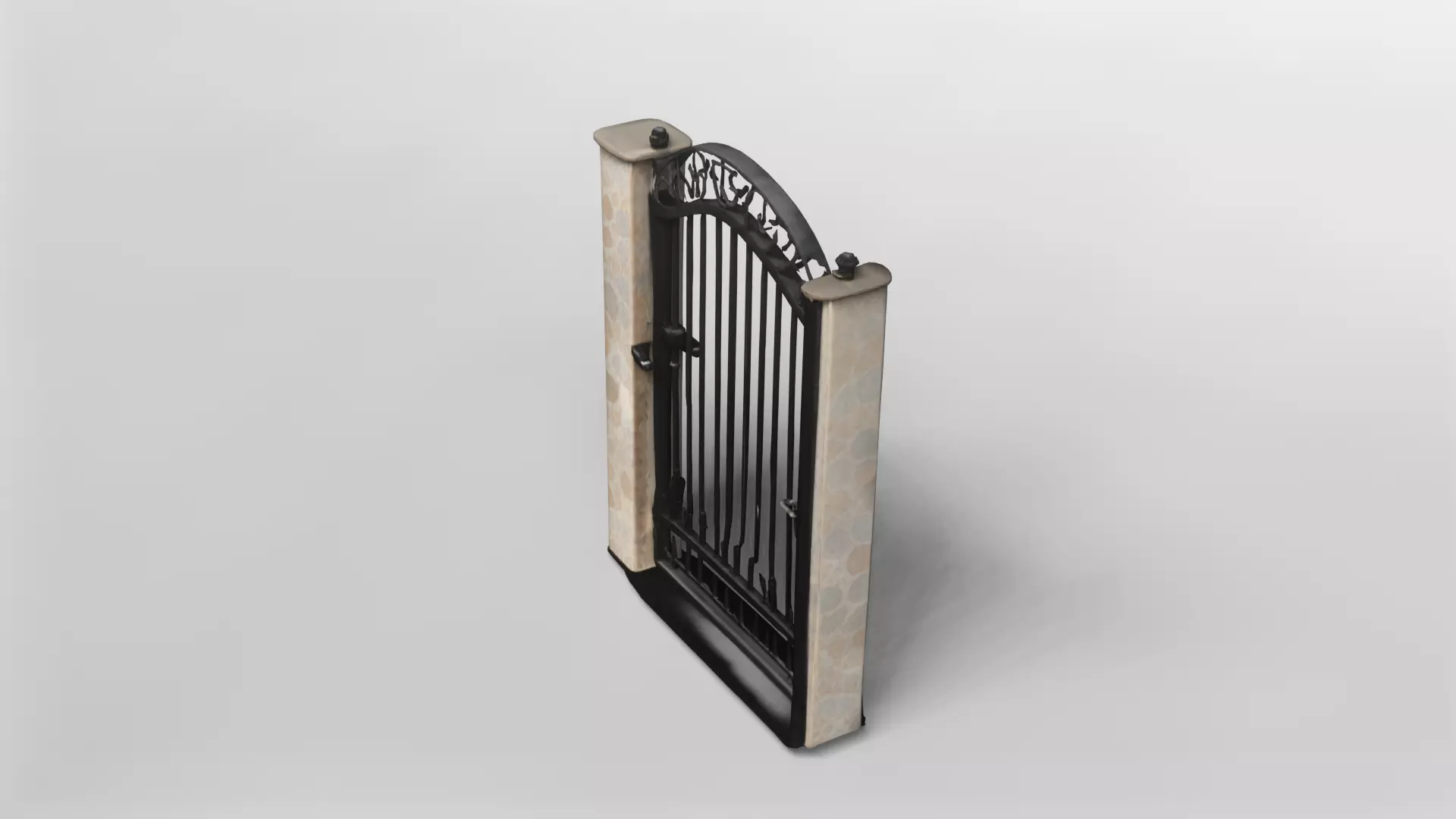 Elegant Wrought Iron Garden Gate with Stone Pillars 3D model_2