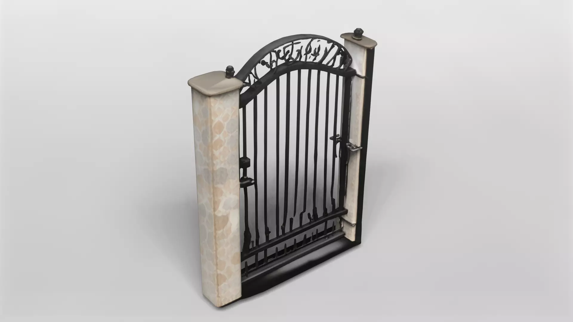 Elegant Wrought Iron Garden Gate with Stone Pillars 3D model_0