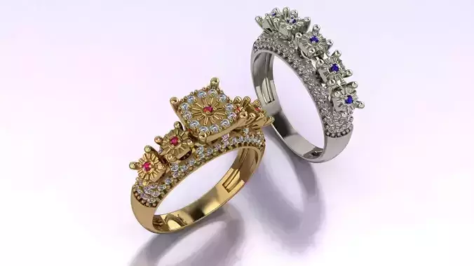 Couples Ring set Jewelry model - Royal Bloom for him and her 3D print model
