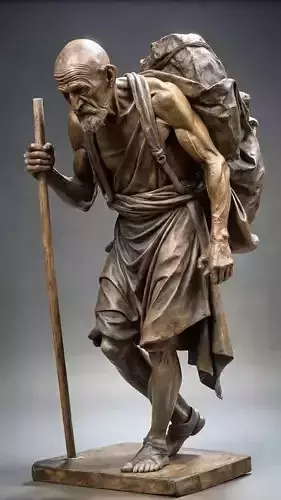 Wise Pilgrim Bronze Sculpture of an Elder with Staff and Satchel Low-poly 3D model
