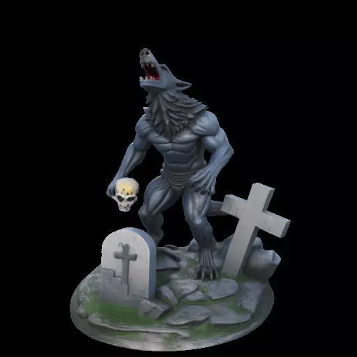 2080Howling Werewolf with Skull 3D Printed Statue 3D print model