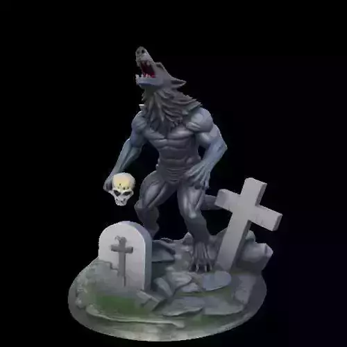 2080Howling Werewolf with Skull  3D Printed Statue
