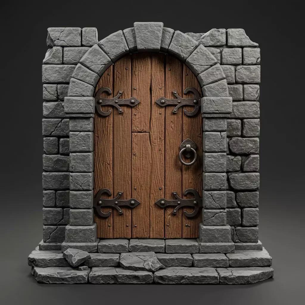 Medieval Dungeon Door Miniature Stone and Wooden RPG Prop 3D model_0