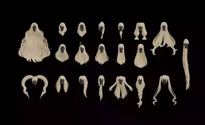 vol 2 20 female anime stylised long hair low poly 3d model