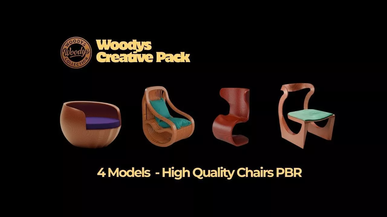 4 Sculptural Wood Chairs Pack PBR Furniture Set Woodys 3D model