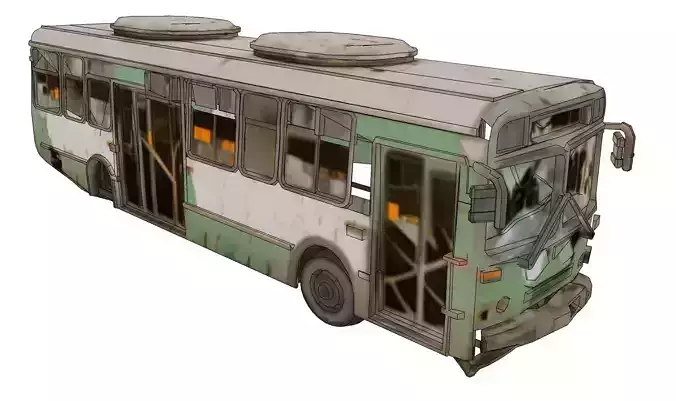 Derelict transit bus amid debris