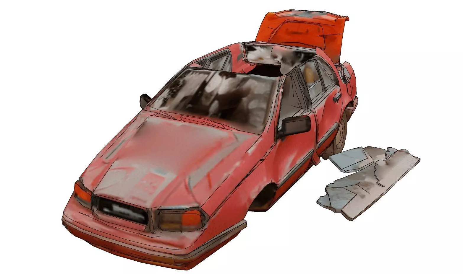 Derelict red car amid debris 3D model_0