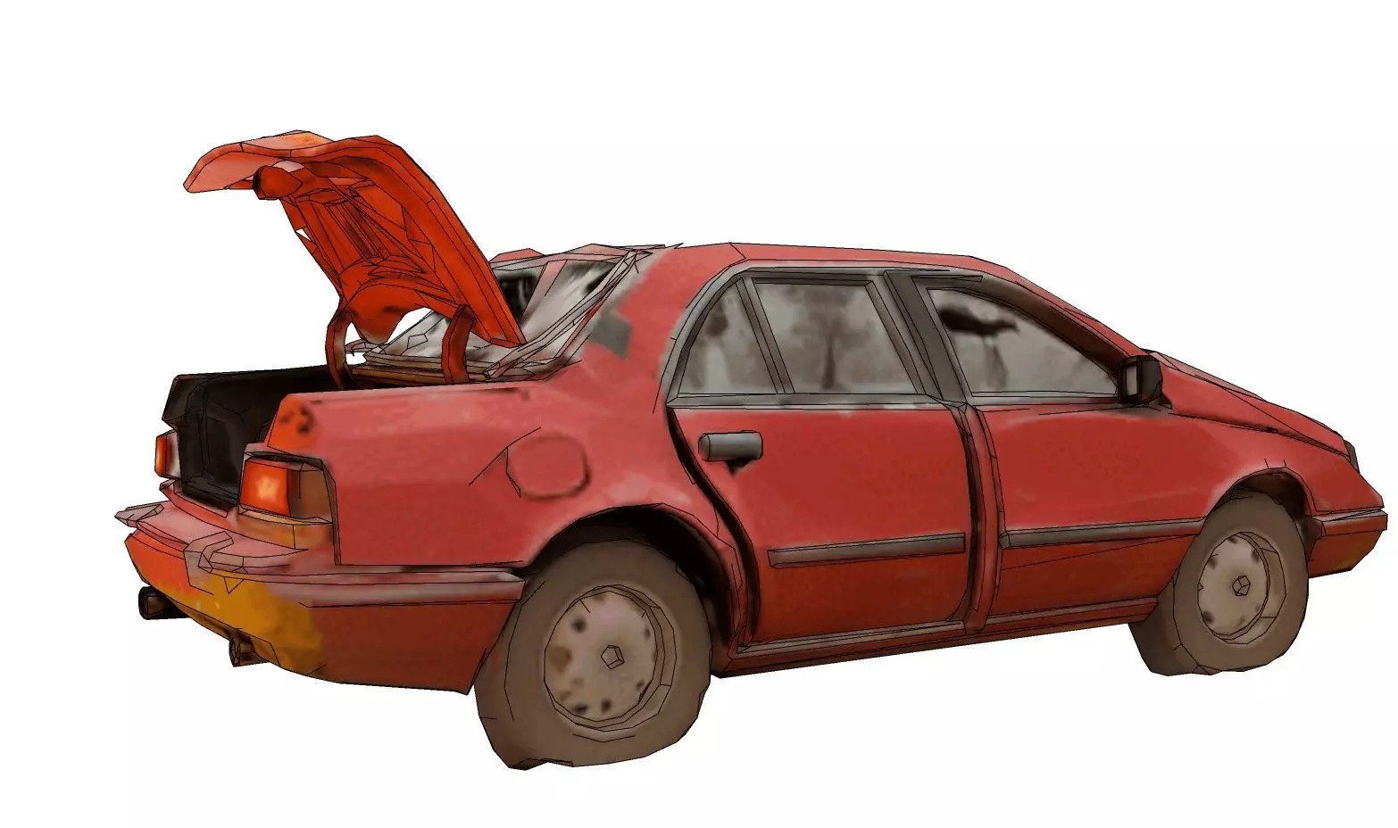 Derelict red car amid debris 3D model_4