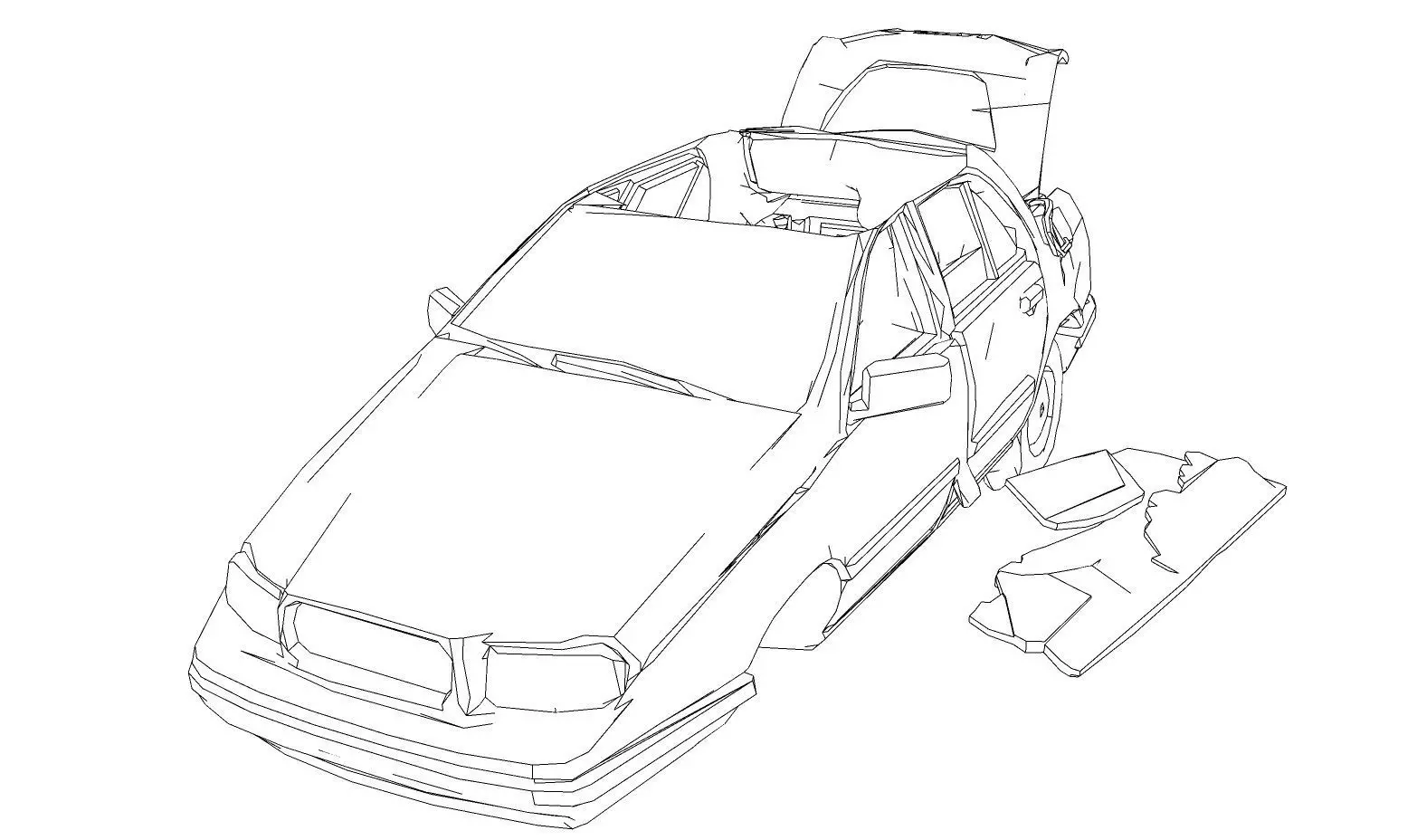 Derelict red car amid debris 3D model_7