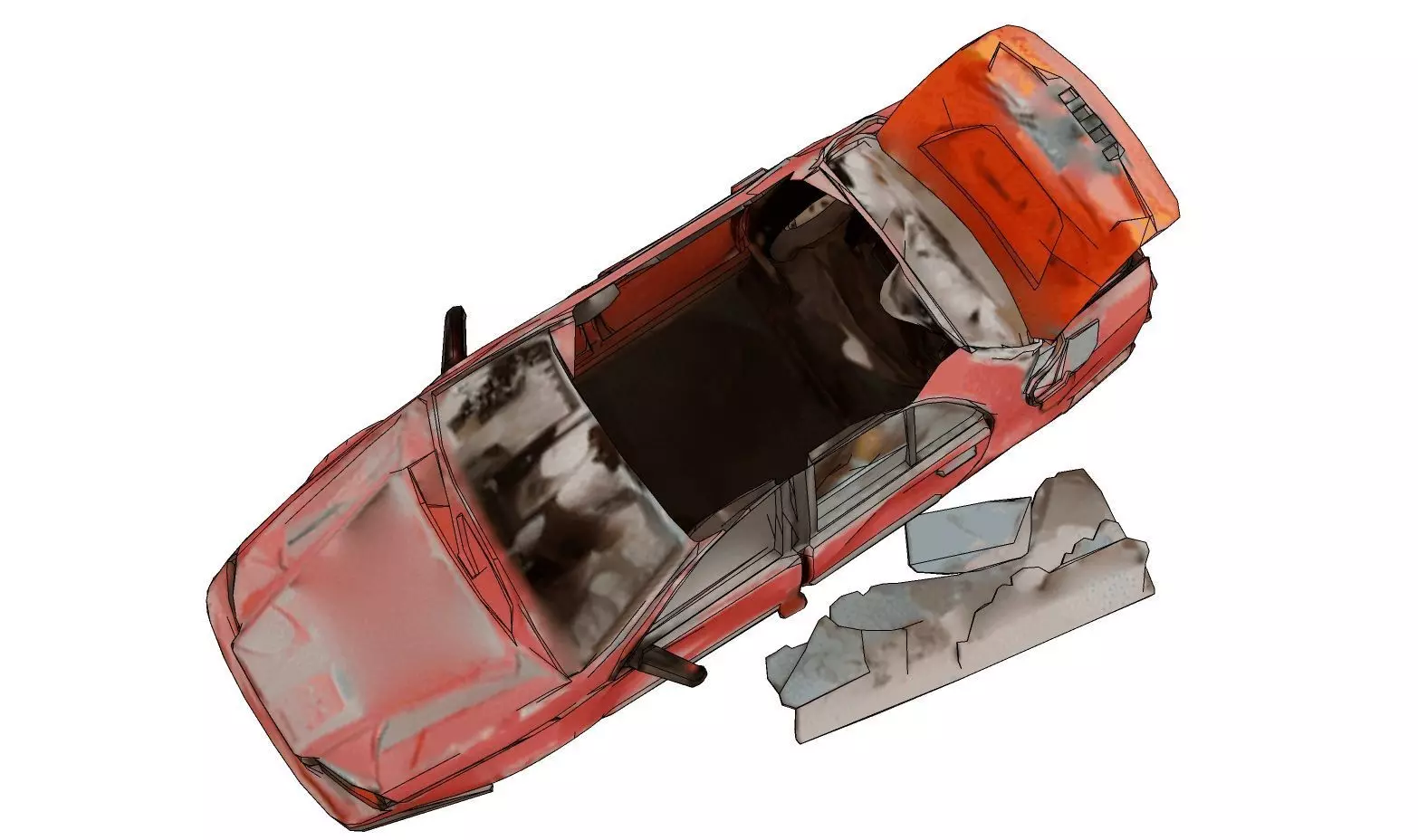 Derelict red car amid debris 3D model_3