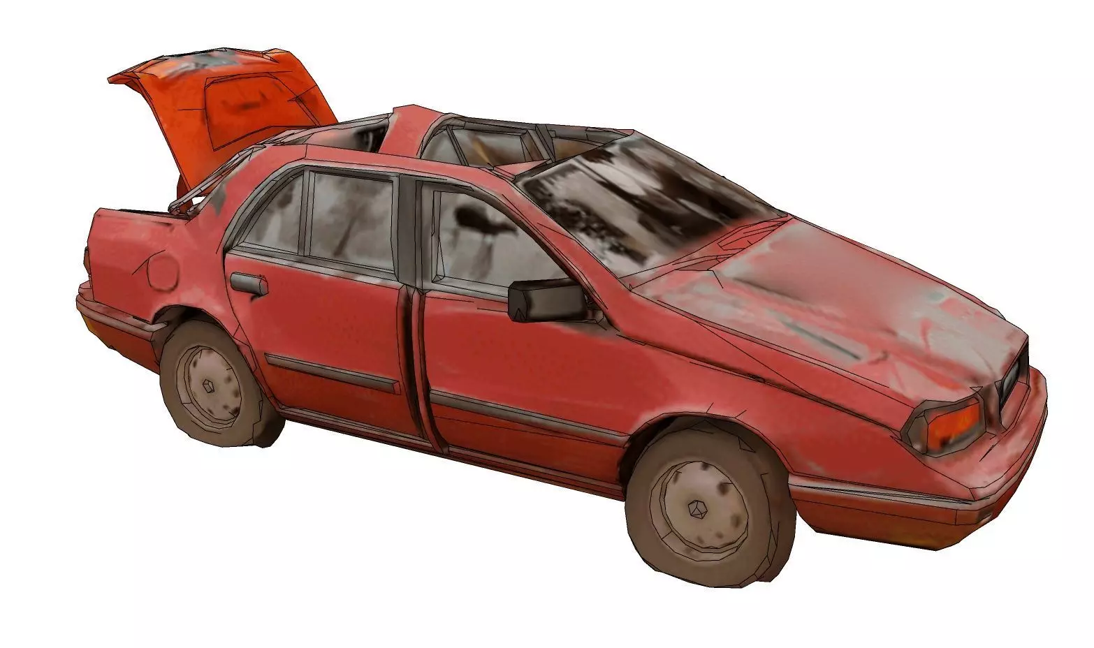 Derelict red car amid debris 3D model_1