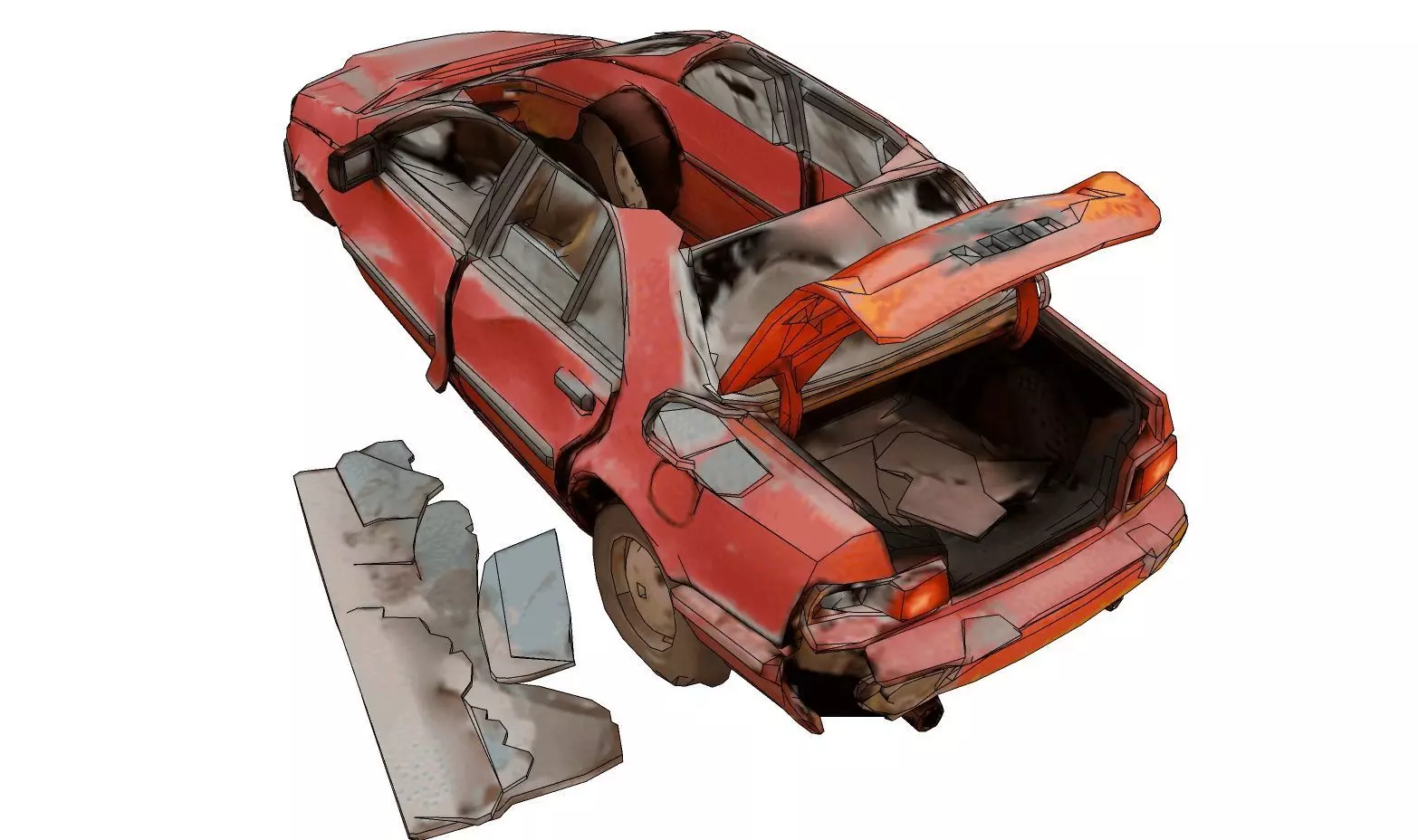Derelict red car amid debris 3D model_2