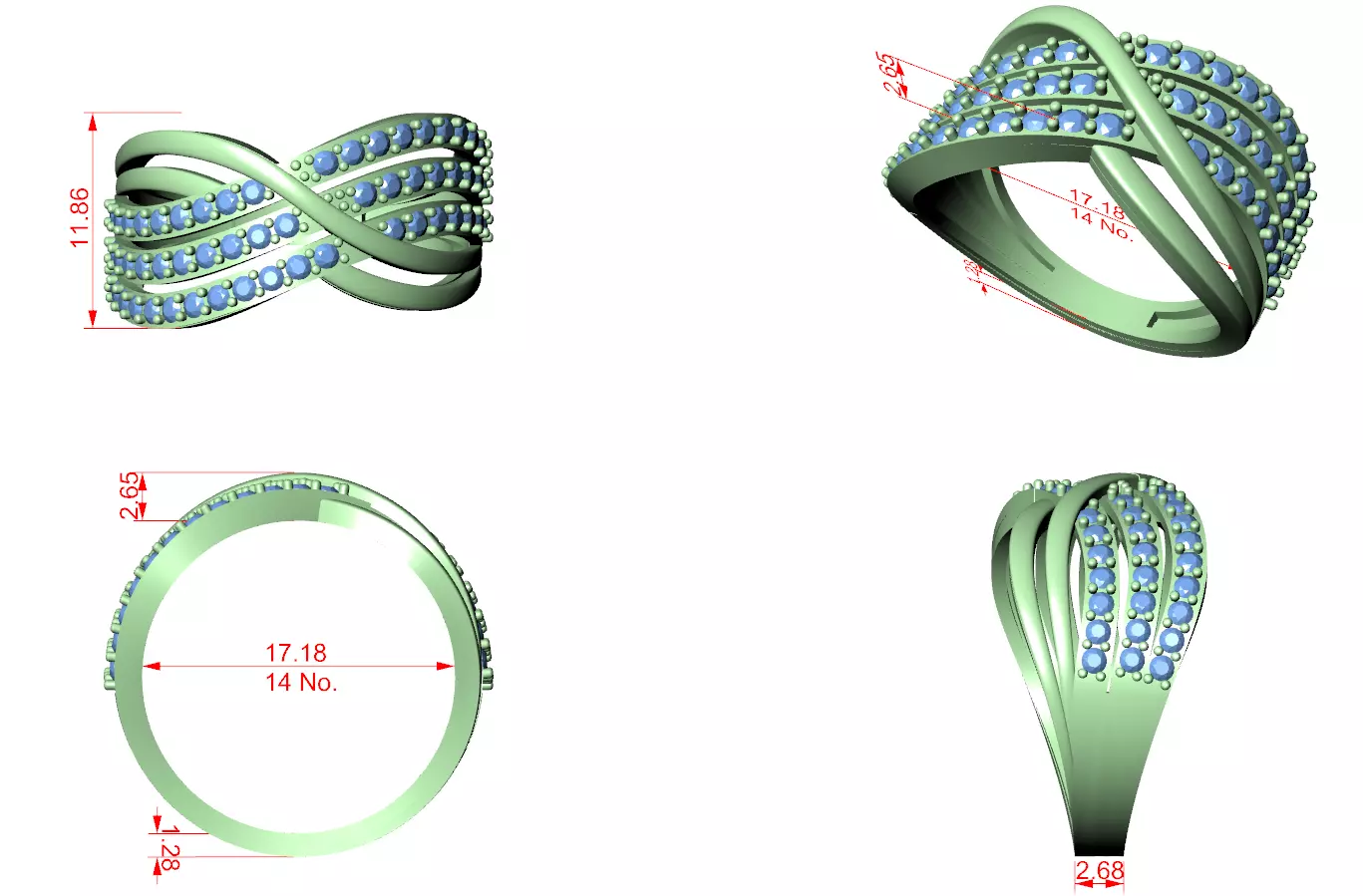 Three Row Round Diamond Crossover Wedding Band 3DM STL Video 3D print model_12