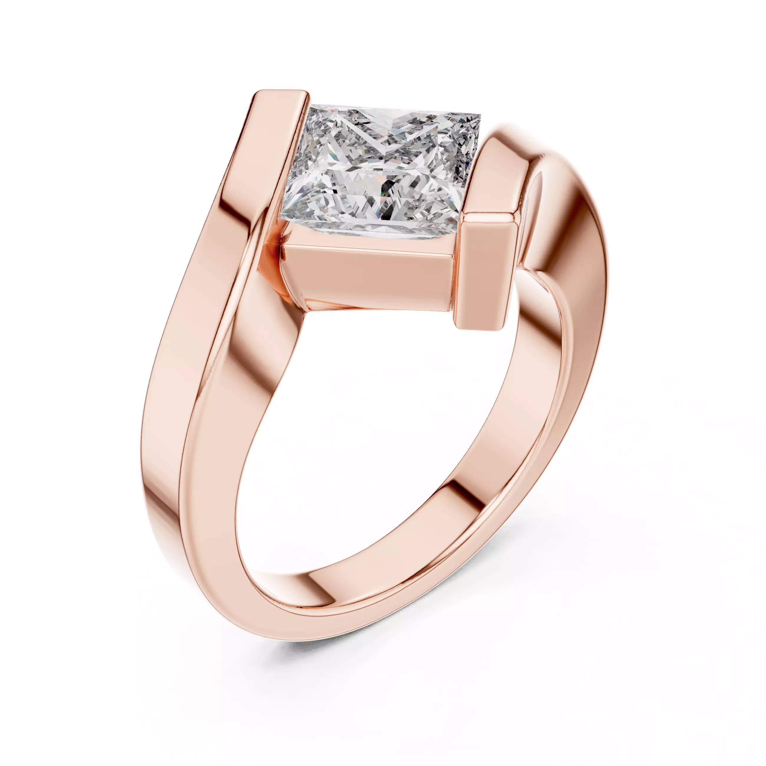 Solitaire 2CT Princess Cut Tension Set Bypass Ring 3DM STL Video 3D print model_4