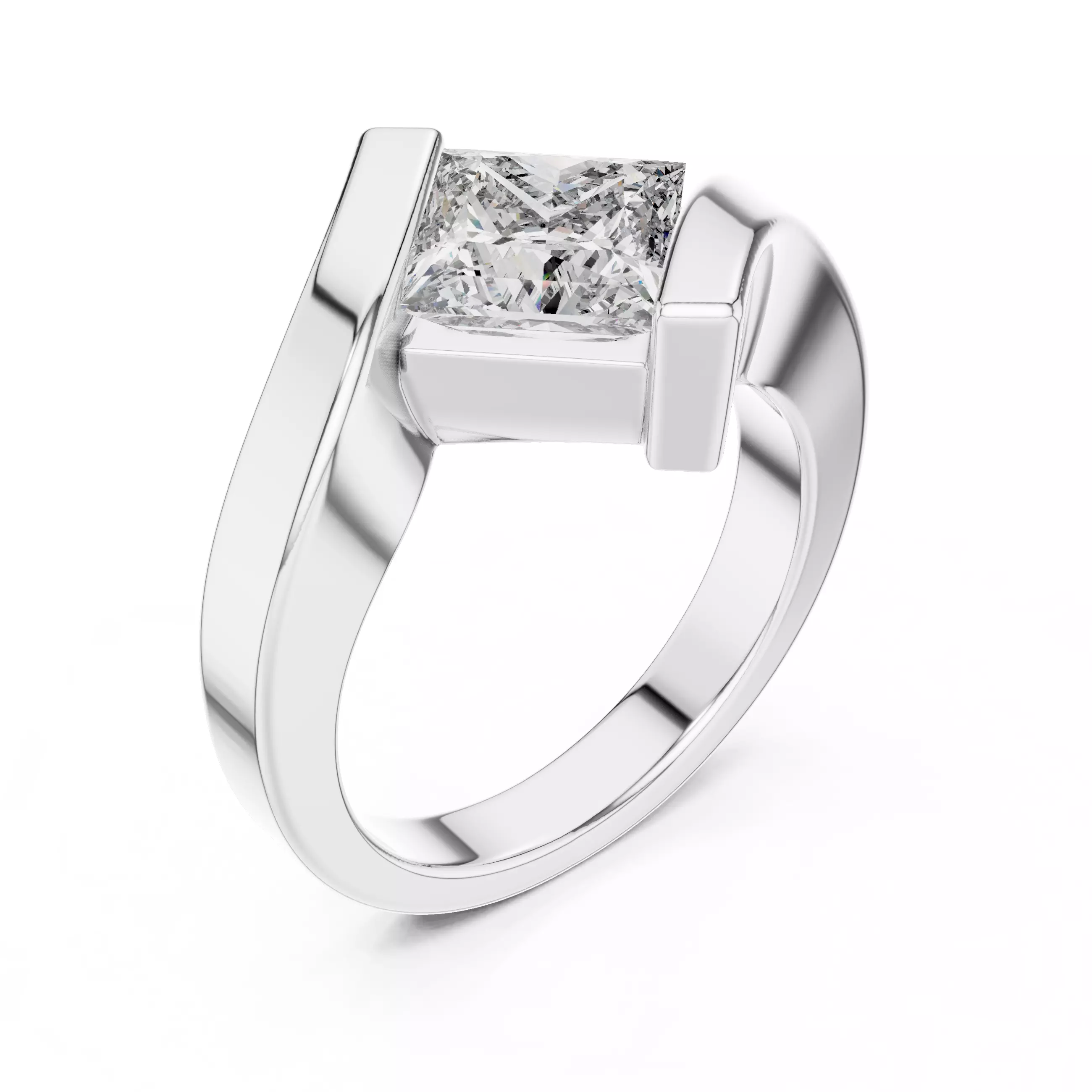 Solitaire 2CT Princess Cut Tension Set Bypass Ring 3DM STL Video 3D print model_10