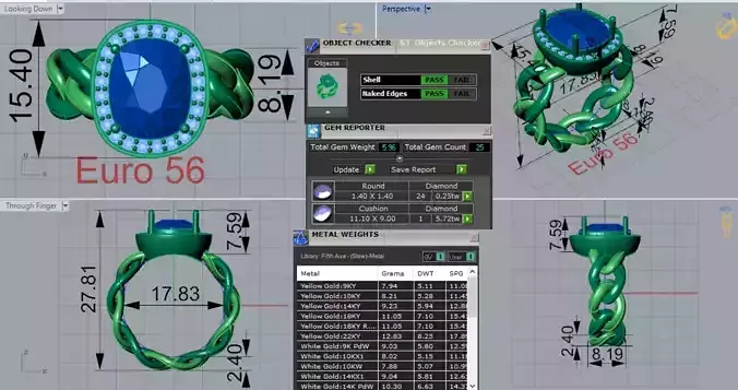 Two-tone Blue Gemstone and Diamond stl 3dm Ring Model jr00208