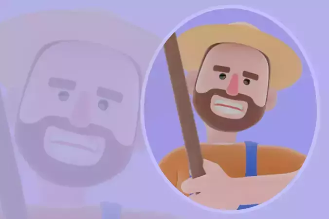 Stylized 3D Farmer Man Character-Cartoon Male Angry with Scythe