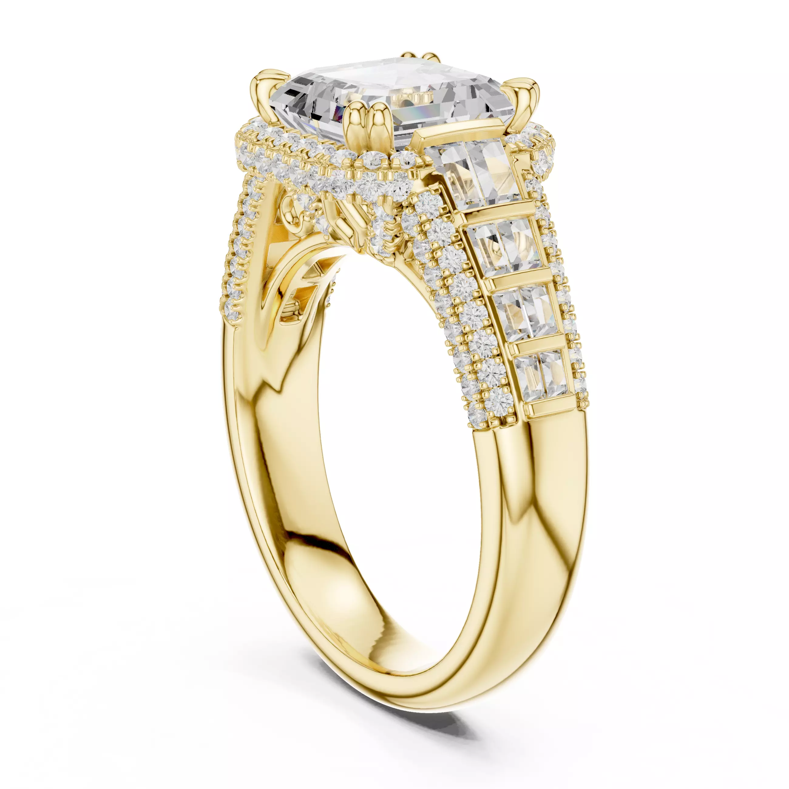 3CT Asscher Cut and Baguette Cut Wedding Ring 3DM STL Video 3D print model_6