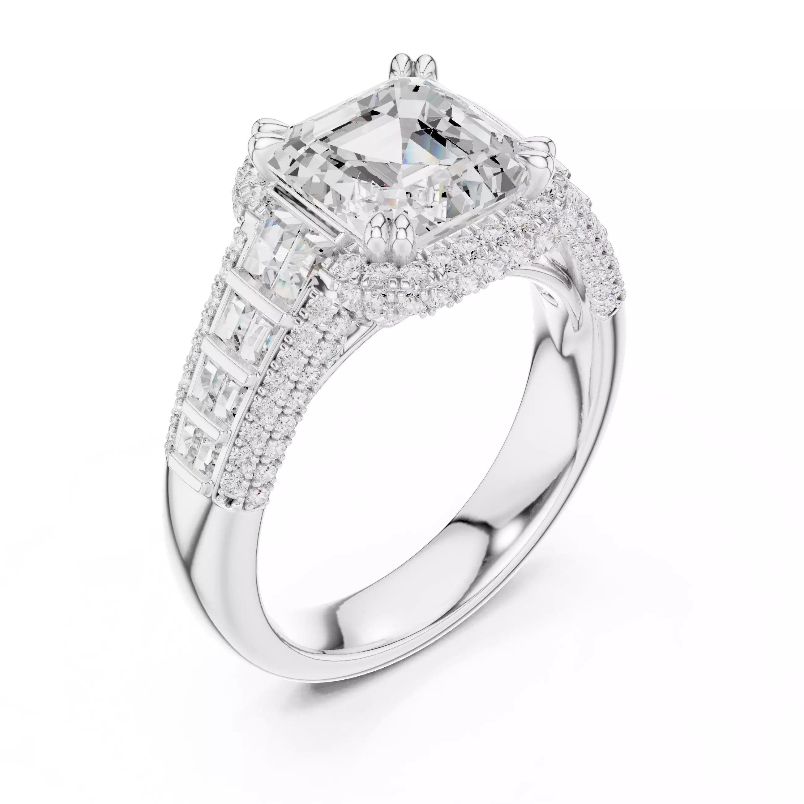 3CT Asscher Cut and Baguette Cut Wedding Ring 3DM STL Video 3D print model_10