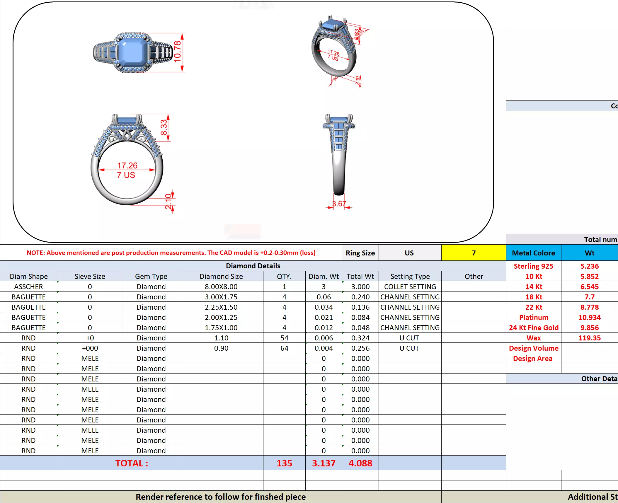 3CT Asscher Cut and Baguette Cut Wedding Ring 3DM STL Video 3D print model_16