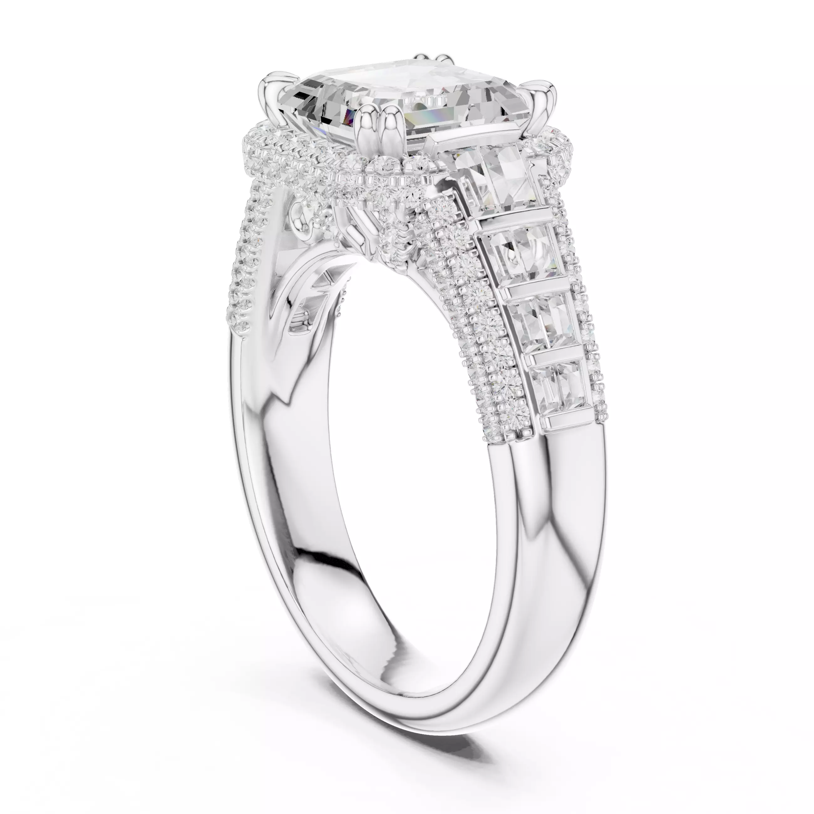 3CT Asscher Cut and Baguette Cut Wedding Ring 3DM STL Video 3D print model_9