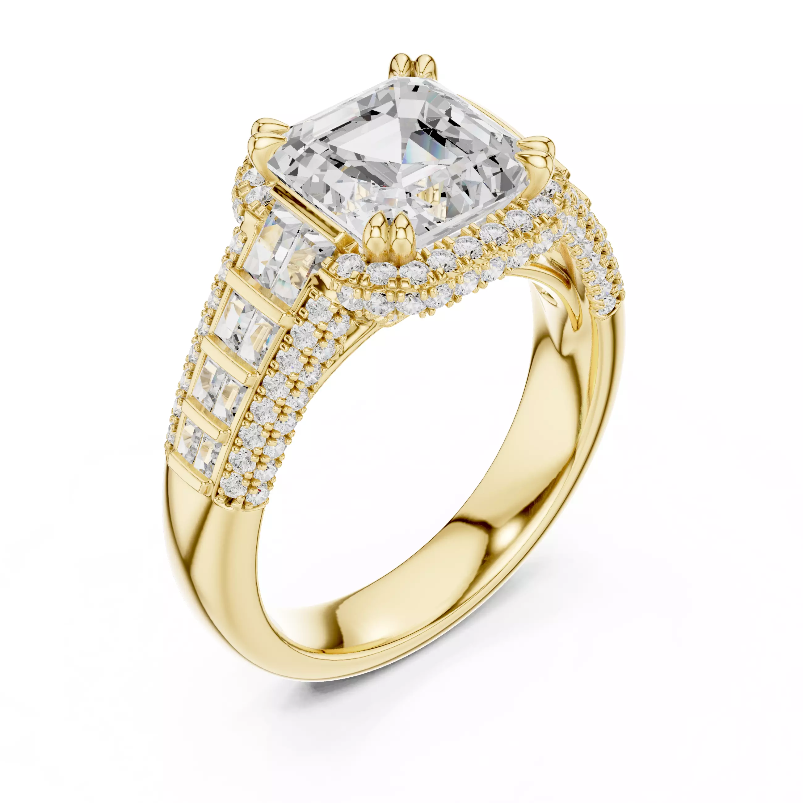 3CT Asscher Cut and Baguette Cut Wedding Ring 3DM STL Video 3D print model_7