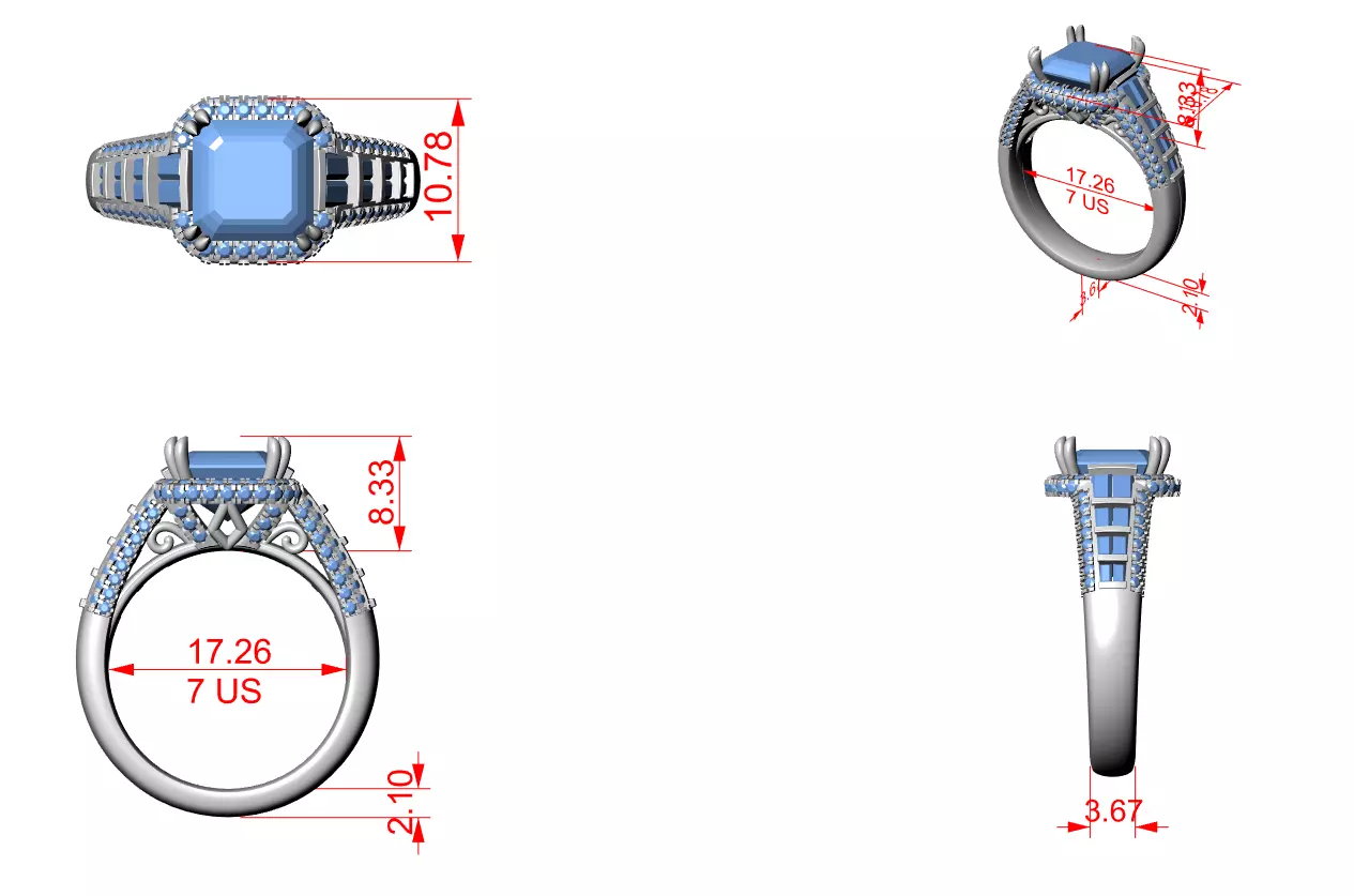 3CT Asscher Cut and Baguette Cut Wedding Ring 3DM STL Video 3D print model_15