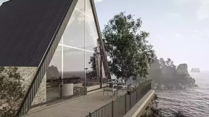 Frame Bungalow Cabin with Interior Exterior Scene Low-poly 3D model