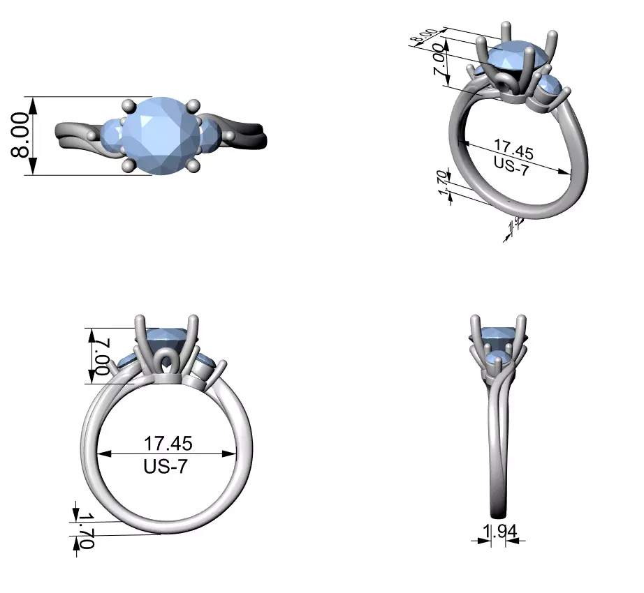 Three Diamond Round Cut Curved Engagement Ring 3DM STL Video 3D print model_15
