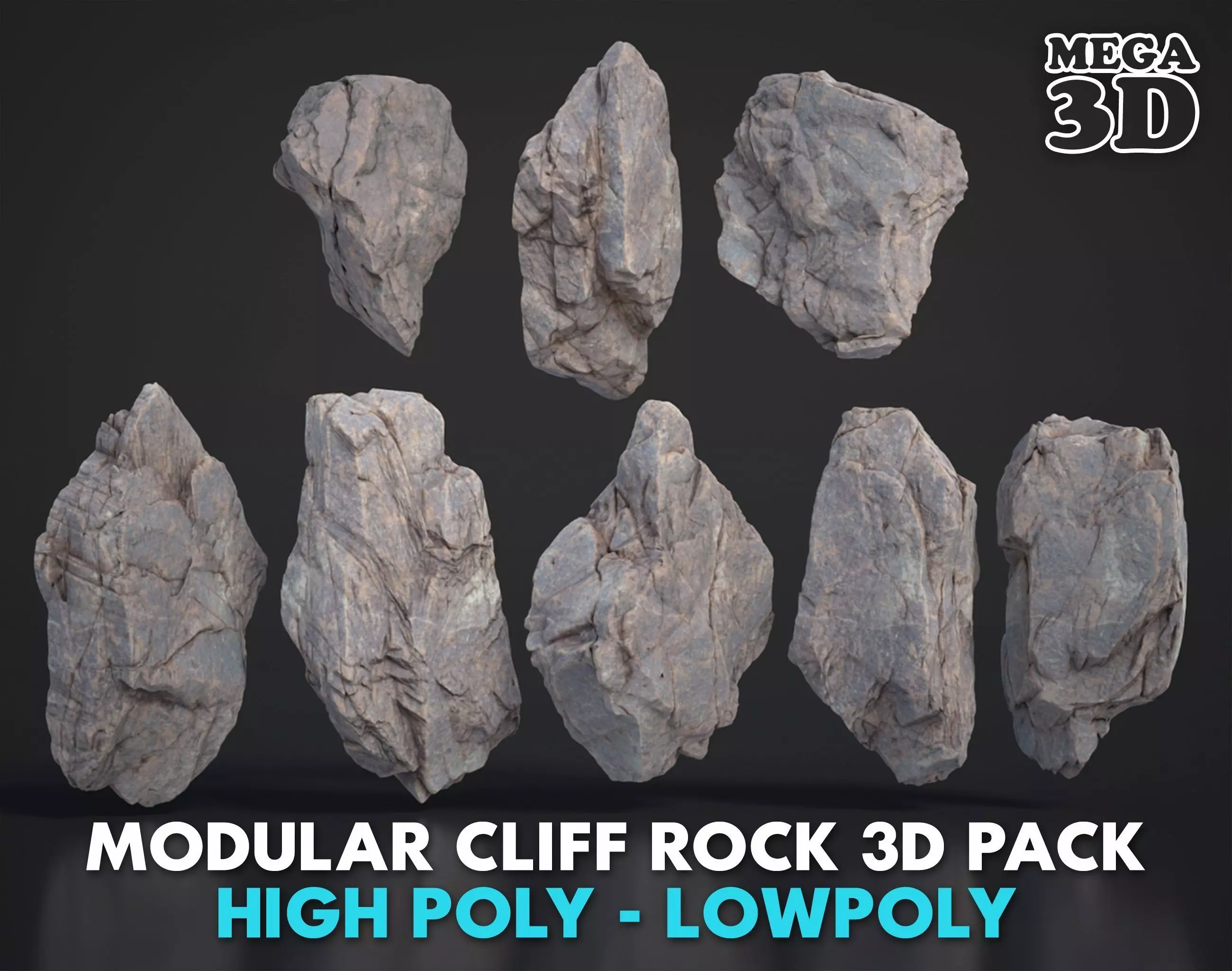 8 Modular Cliff Rocks 3D Pack 250902 Low-poly 3D model_0